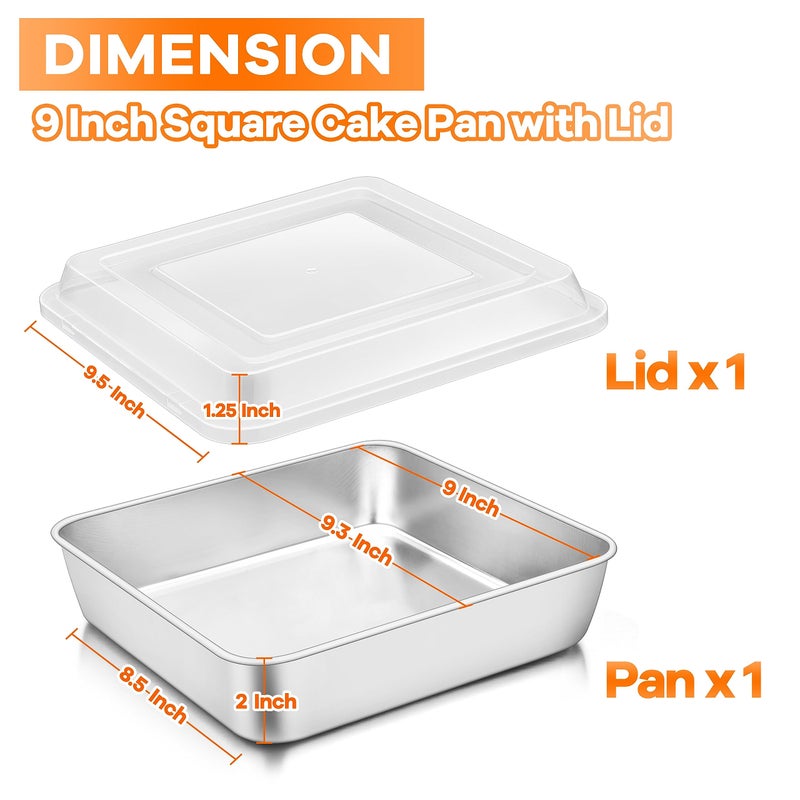 TeamFar 9 x 9 Inch Square Cake Pan, Stainless Steel Square Baking Pan with Lid for Brownie Lasagna, Non-Toxic & Heavy Duty, One Piece & Smooth, Dishwasher Safe & Easy Clean, (1 Pan + 1 Lid) - Image 2
