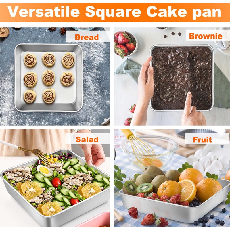 TeamFar 9 x 9 Inch Square Cake Pan, Stainless Steel Square Baking Pan with Lid for Brownie Lasagna, Non-Toxic & Heavy Duty, One Piece & Smooth, Dishwasher Safe & Easy Clean, (1 Pan + 1 Lid) - Image 5