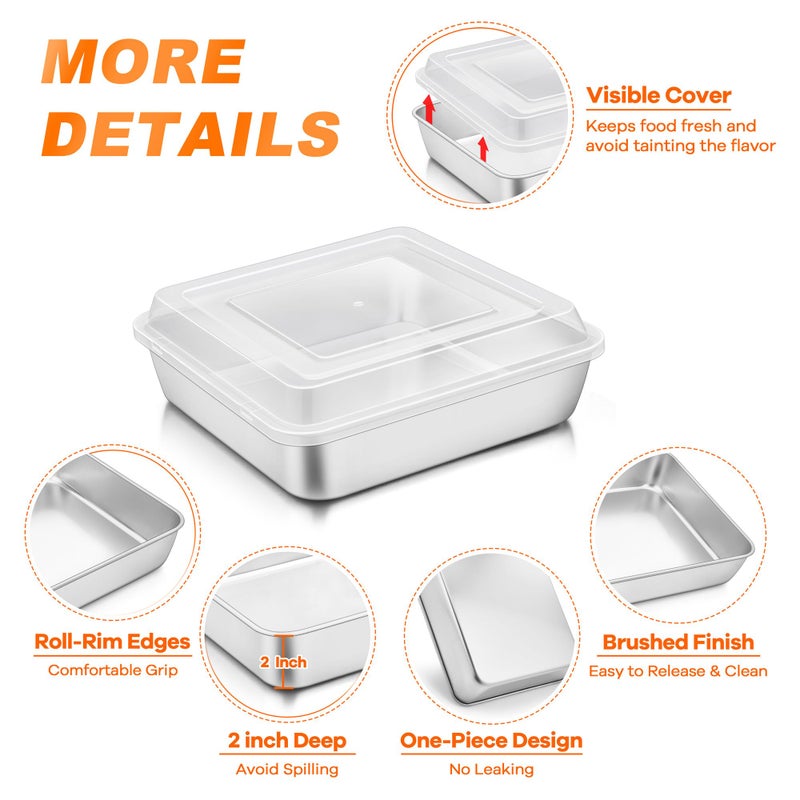 TeamFar 9 x 9 Inch Square Cake Pan, Stainless Steel Square Baking Pan with Lid for Brownie Lasagna, Non-Toxic & Heavy Duty, One Piece & Smooth, Dishwasher Safe & Easy Clean, (1 Pan + 1 Lid) - Image 3