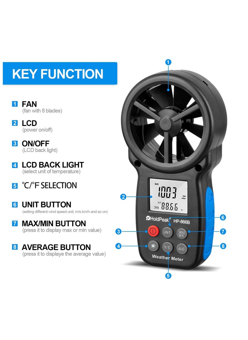 HoldPeak HP-866B Handheld Anemometer, Digital Wind Speed CFM Meter Gauge Air Flow Velocity Tester for HVAC Shooting Drone, Wind Chill, 14℉-113℉ Wind Temperature