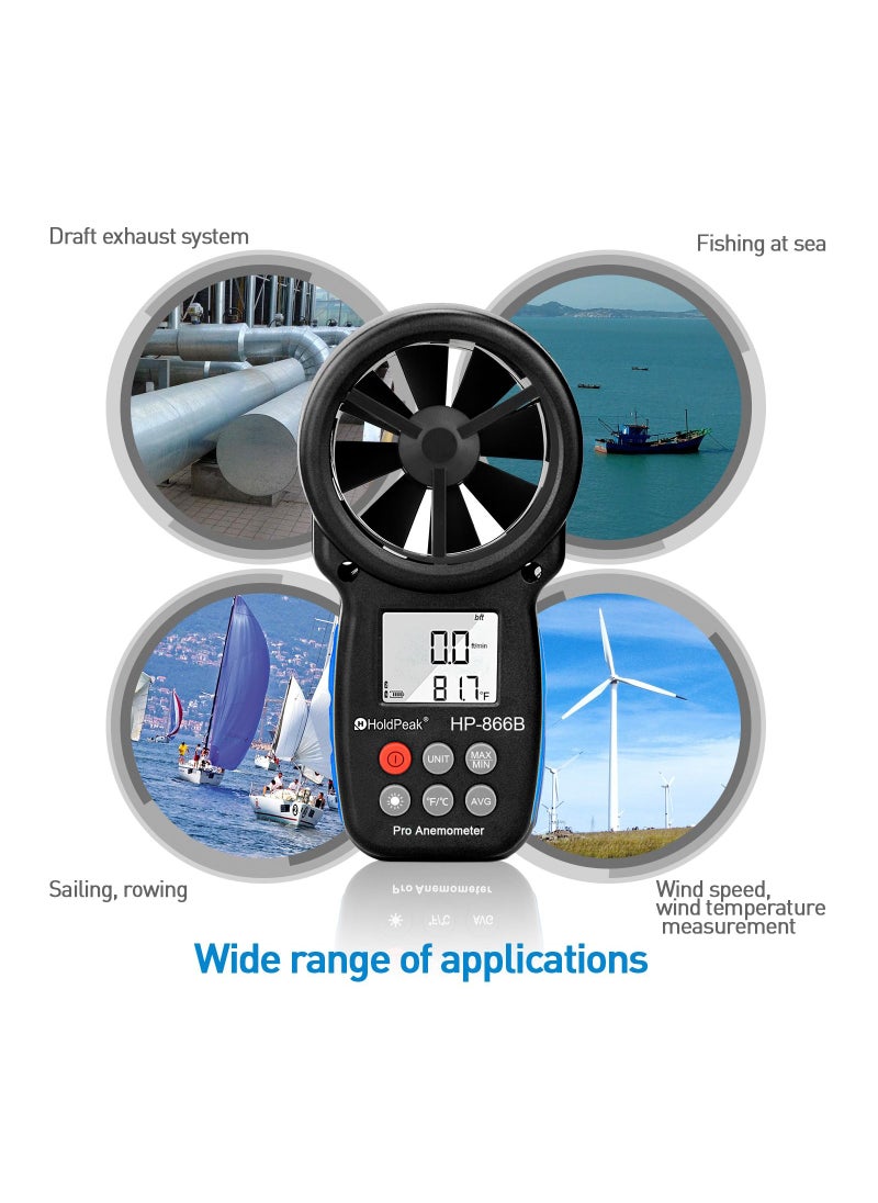 HoldPeak HP-866B Handheld Anemometer, Digital Wind Speed CFM Meter Gauge Air Flow Velocity Tester for HVAC Shooting Drone, Wind Chill, 14℉-113℉ Wind Temperature