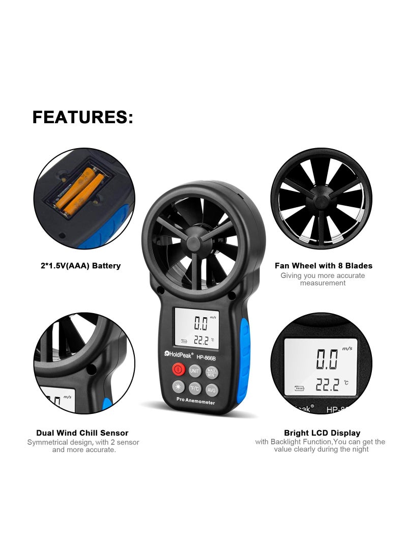 HoldPeak HP-866B Handheld Anemometer, Digital Wind Speed CFM Meter Gauge Air Flow Velocity Tester for HVAC Shooting Drone, Wind Chill, 14℉-113℉ Wind Temperature