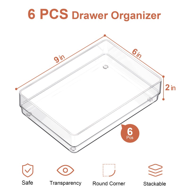 سمارت تايك مجموعة منظمات أدراج بلاستيكية شفافة من سمارتيك، 6 قطع، منظم أدراج مكتب كبير الحجم مانع للانزلاق، صواني تنظيم أدراج متعددة الاستخدامات للحمام وغرفة الزينة، مناسبة لمستحضرات التجميل، غرفة النوم، المكتب، وأدوات المطبخ. - Image 2