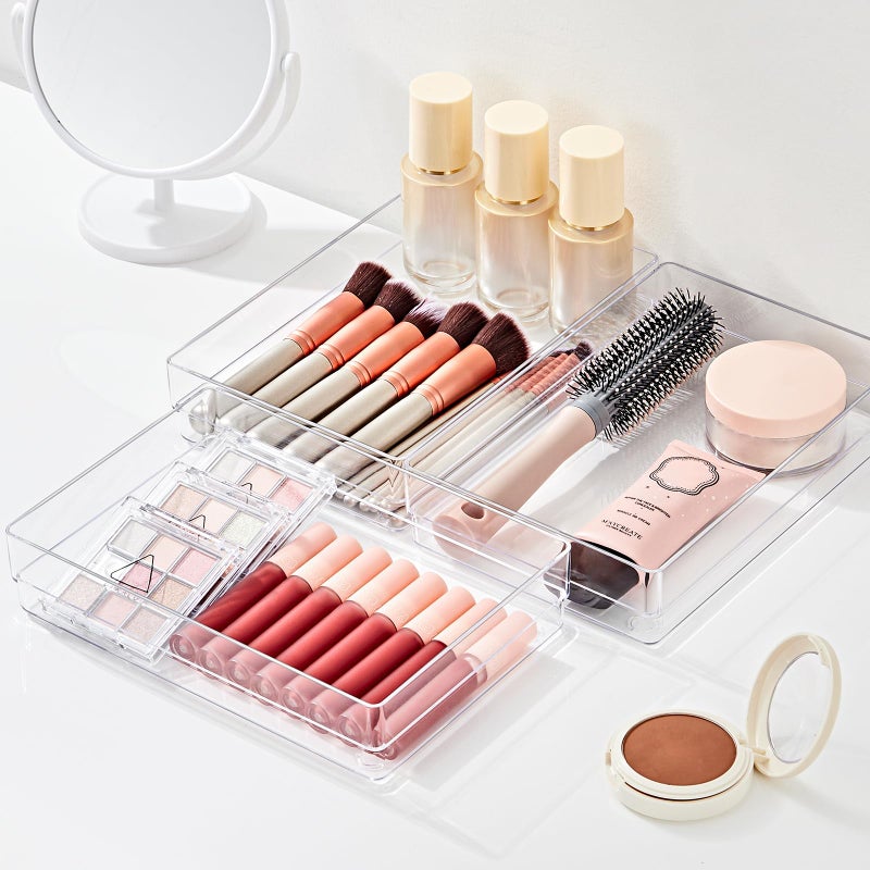 سمارت تايك مجموعة منظمات أدراج بلاستيكية شفافة من سمارتيك، 6 قطع، منظم أدراج مكتب كبير الحجم مانع للانزلاق، صواني تنظيم أدراج متعددة الاستخدامات للحمام وغرفة الزينة، مناسبة لمستحضرات التجميل، غرفة النوم، المكتب، وأدوات المطبخ. - Image 3