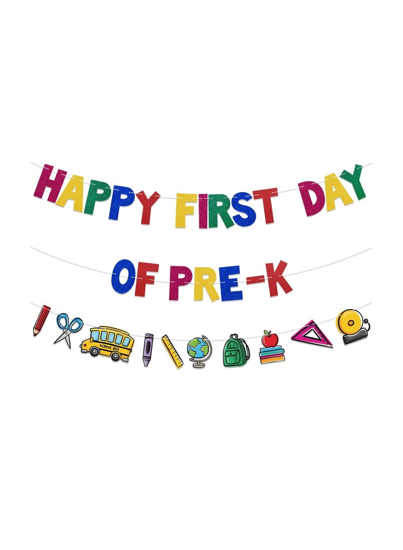 Happy First Day of Pre-K Banner,Happy First Day of Preschool Decor, Welcome Back to School Decorations, Back to School Classroom Teacher Office Decorations Colorful Glitter