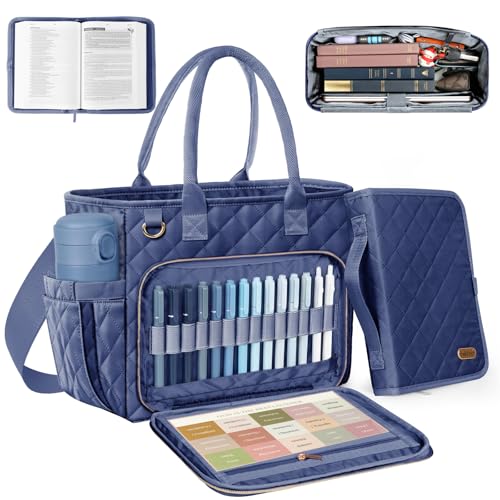 BellaHold Large Bible Bag with Bible Cover Case for Women, Church Bag with Shoulder Strap, Quilted Bible Cover for Bible Study Supplies, a Christian Gift for Women, Navy - Image 1