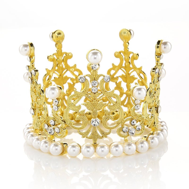 JANOU Crown Tiara Cake Topper Crystal Pearl Children Hair Ornaments for Wedding Birthday Party Cake Decoration (Gold)