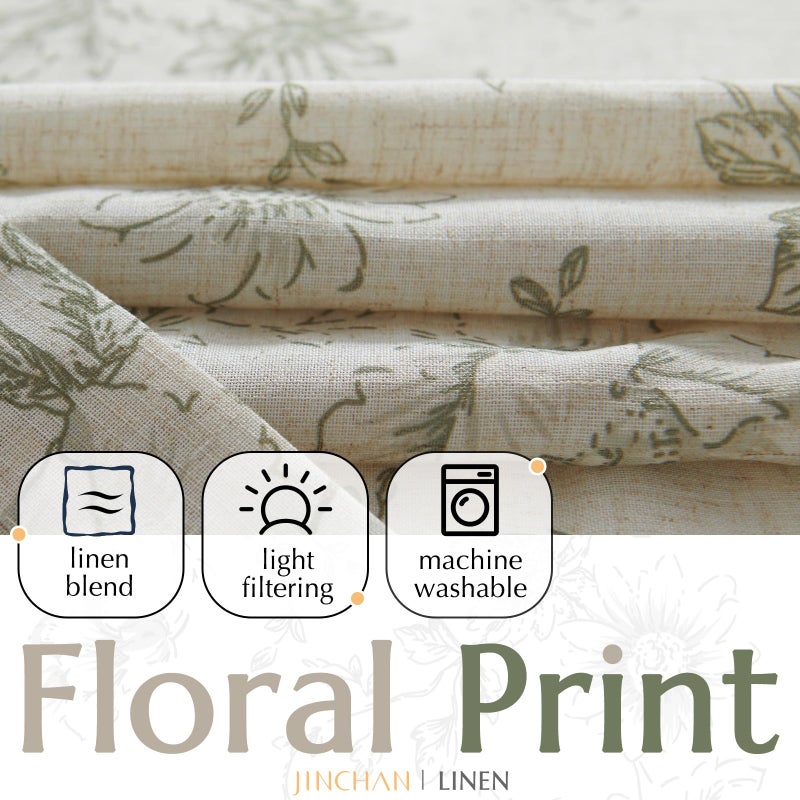 jinchan Linen Blend Floral Curtains for Living Room 63 Inches Extra Long Farmhouse Printed Curtain Back Tab Green Peony Flower Patterned Drapes Bedroom Window Curtains Set 2 Panels - Image 2