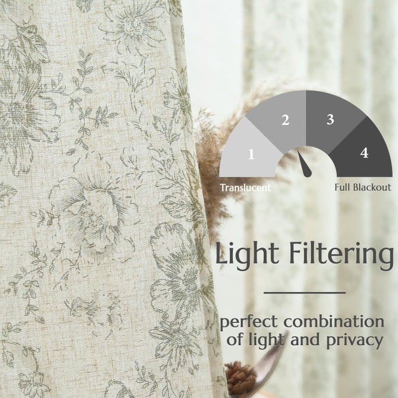 jinchan Linen Blend Floral Curtains for Living Room 63 Inches Extra Long Farmhouse Printed Curtain Back Tab Green Peony Flower Patterned Drapes Bedroom Window Curtains Set 2 Panels - Image 4