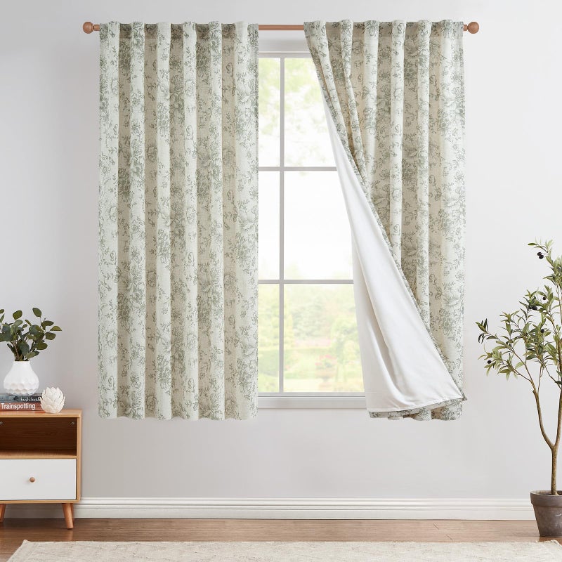 jinchan Linen Blend Floral Curtains for Living Room 63 Inches Extra Long Farmhouse Printed Curtain Back Tab Green Peony Flower Patterned Drapes Bedroom Window Curtains Set 2 Panels - Image 1