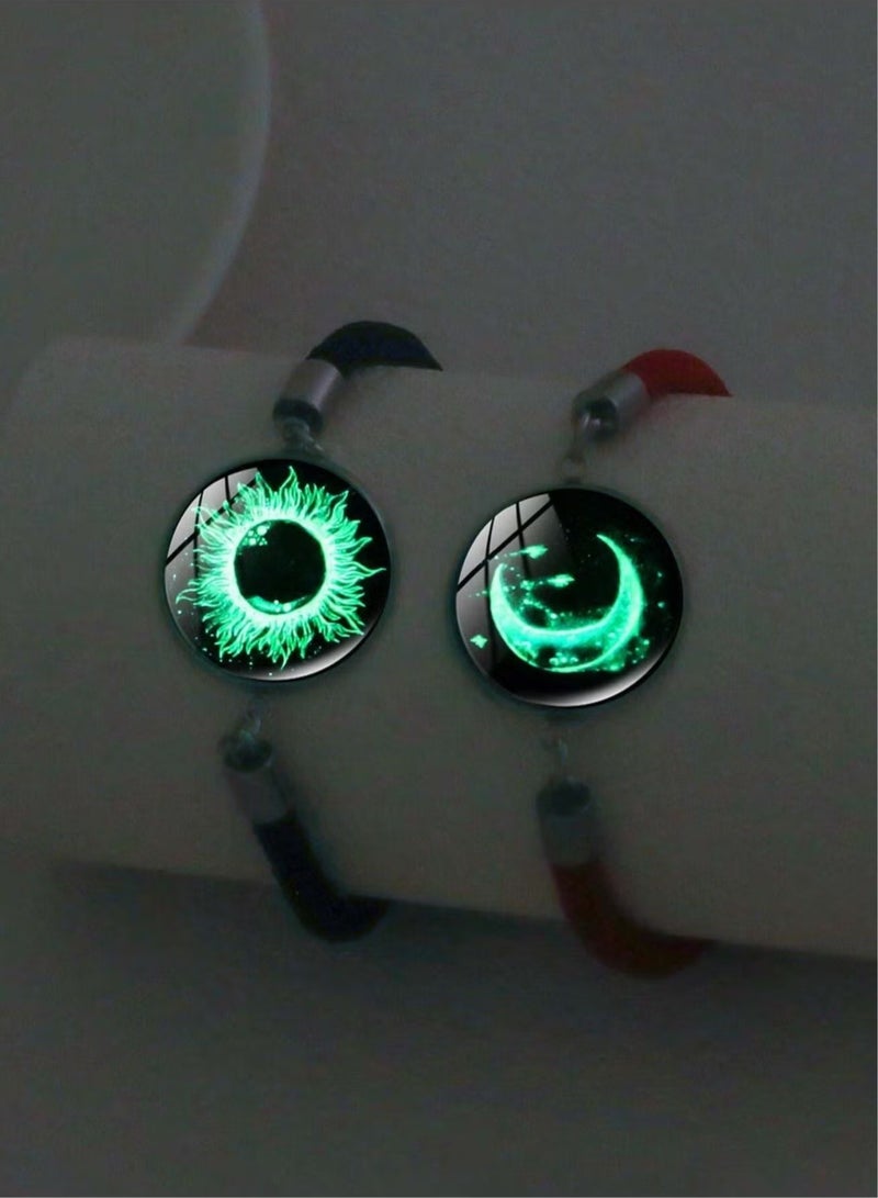 أوشن توهج في الظلام الشمس القمر السوار سلسلة صغيرة منسوجة سوار مزدوج سوار حماية نهاري وليلي، حجر جيمستون منسج مصهور ستينلس ستيل عشاق الموضة قطعة من القماش لعيد الحب - Image 1