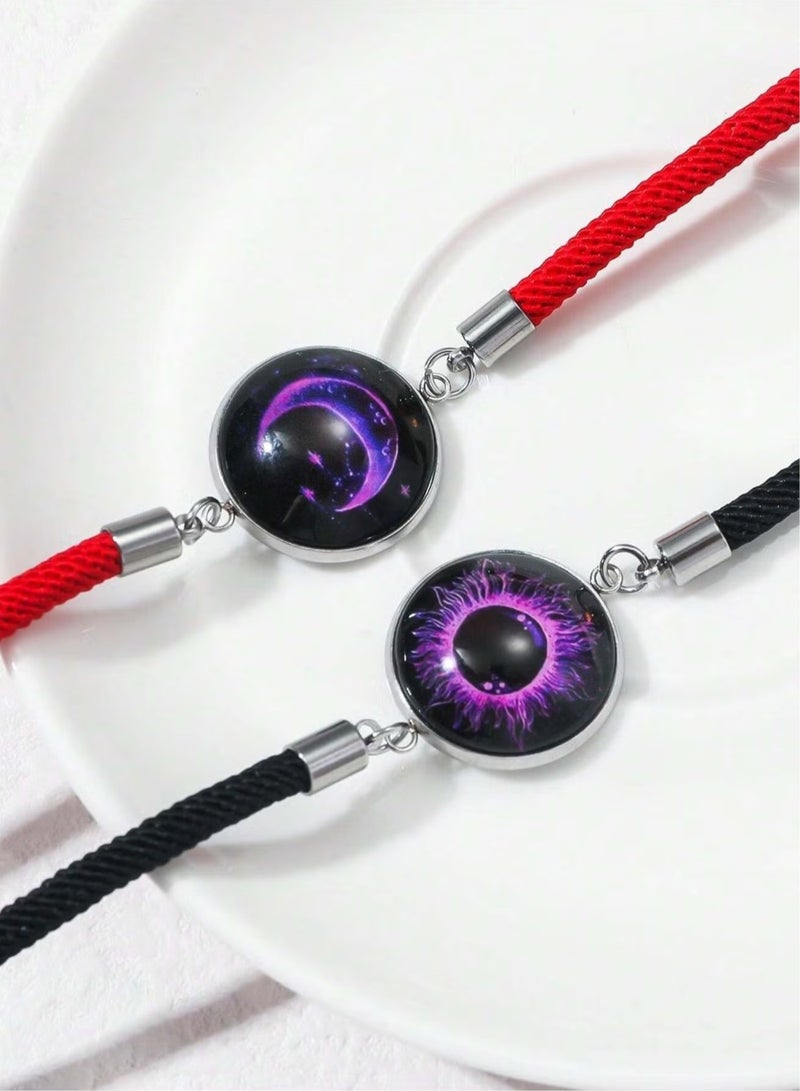 أوشن توهج في الظلام الشمس القمر السوار سلسلة صغيرة منسوجة سوار مزدوج سوار حماية نهاري وليلي، حجر جيمستون منسج مصهور ستينلس ستيل عشاق الموضة قطعة من القماش لعيد الحب - Image 2