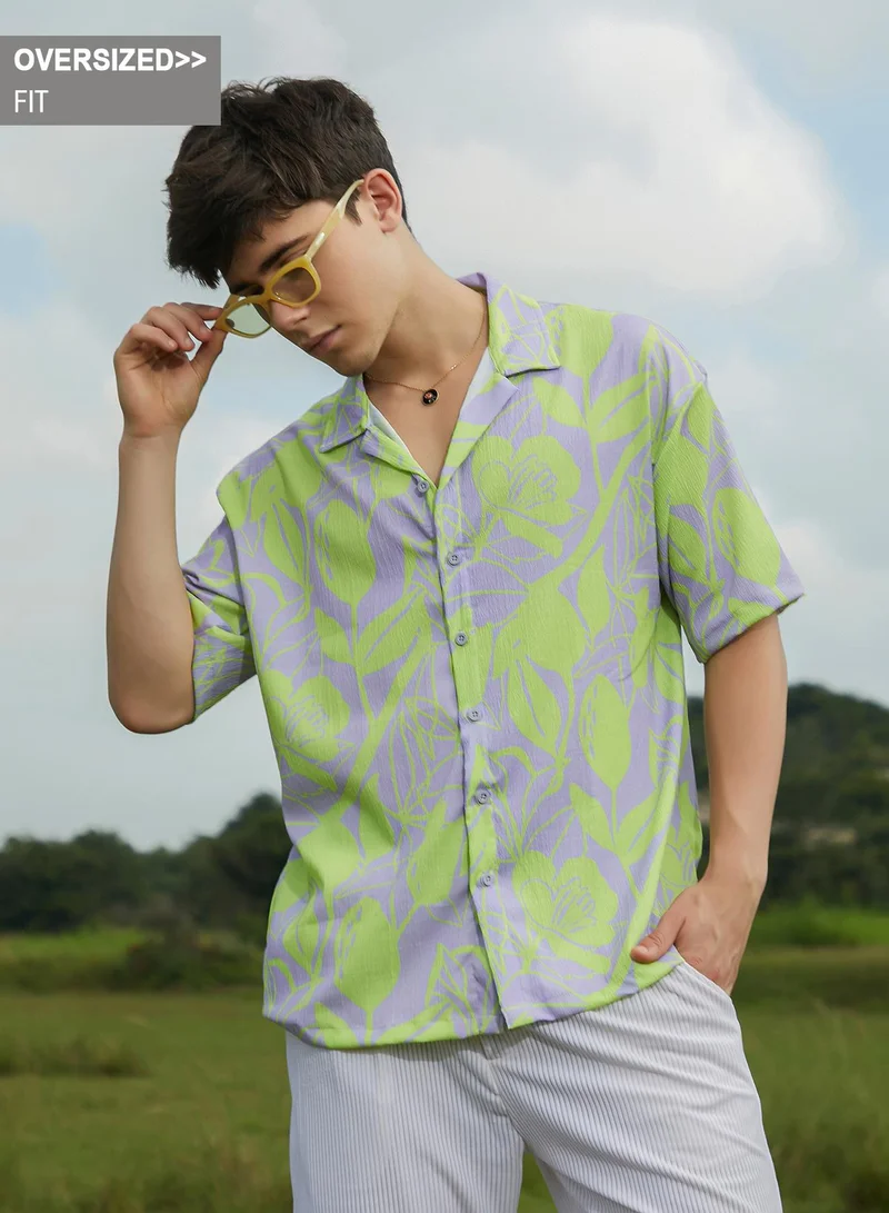 Campus Sutra Campus Sutra Men's Lavender & Neon Yellow Citrus Botanic Oversized Shirt For Casual Wear | Cuban Collar | Short Sleeves | Button Closure | Oversized Shirt Crafted With Comfort Fit For Everyday Wear