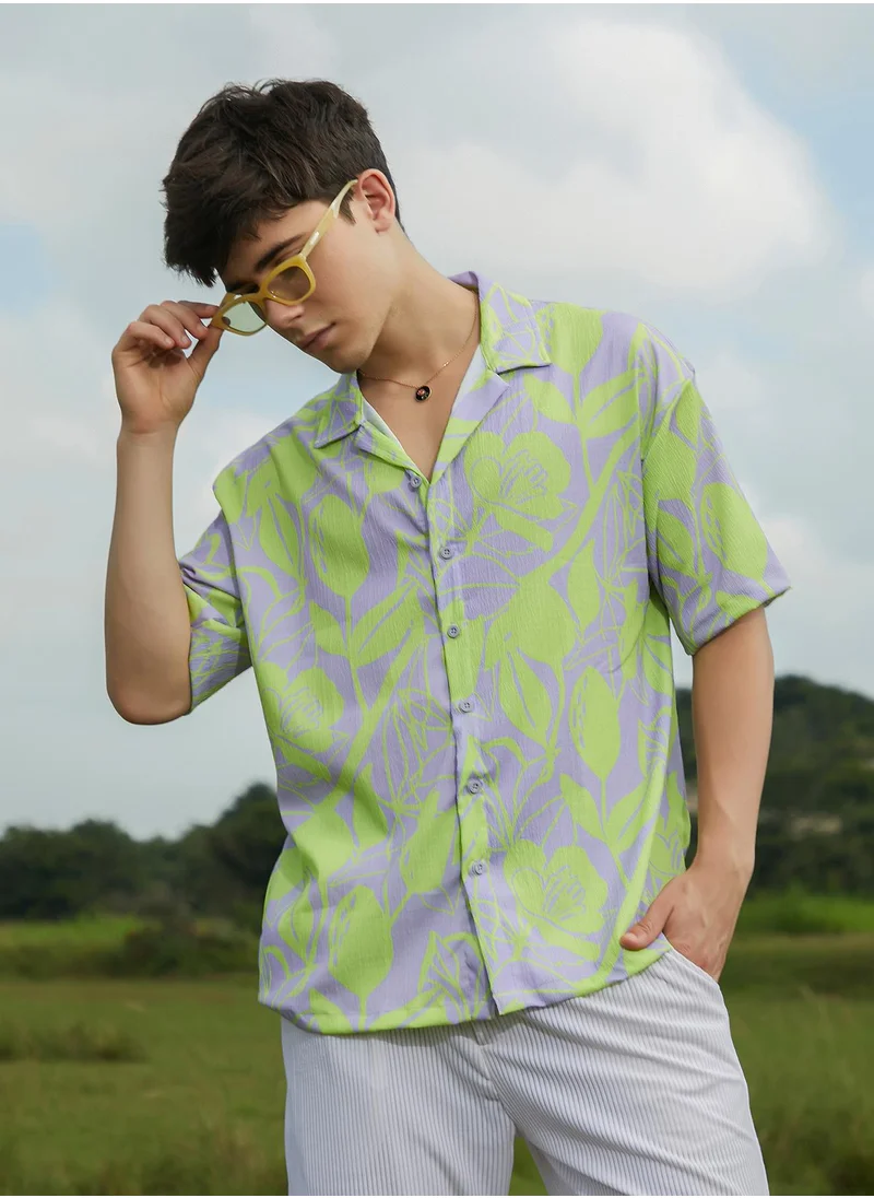 Campus Sutra Men's Lavender & Neon Yellow Citrus Botanic Oversized Shirt