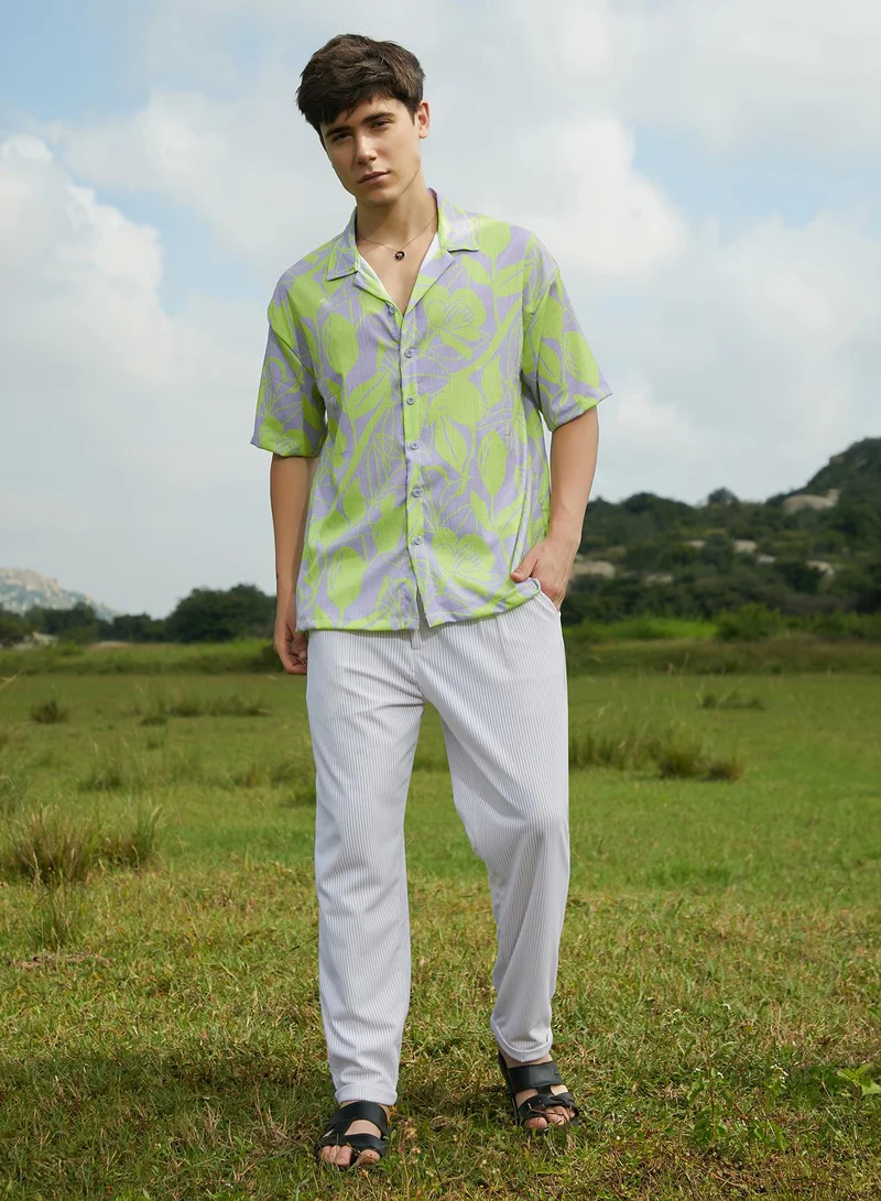 Campus Sutra Campus Sutra Men's Lavender & Neon Yellow Citrus Botanic Oversized Shirt For Casual Wear | Cuban Collar | Short Sleeves | Button Closure | Oversized Shirt Crafted With Comfort Fit For Everyday Wear
