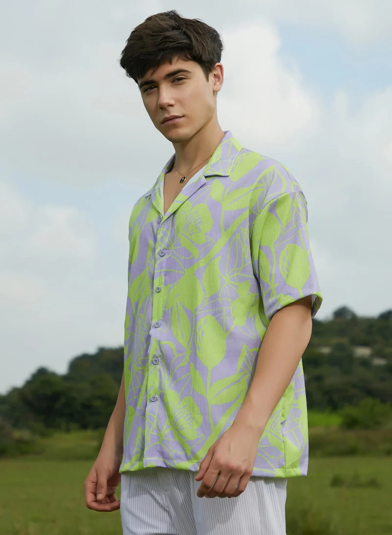 Campus Sutra Campus Sutra Men's Lavender & Neon Yellow Citrus Botanic Oversized Shirt For Casual Wear | Cuban Collar | Short Sleeves | Button Closure | Oversized Shirt Crafted With Comfort Fit For Everyday Wear