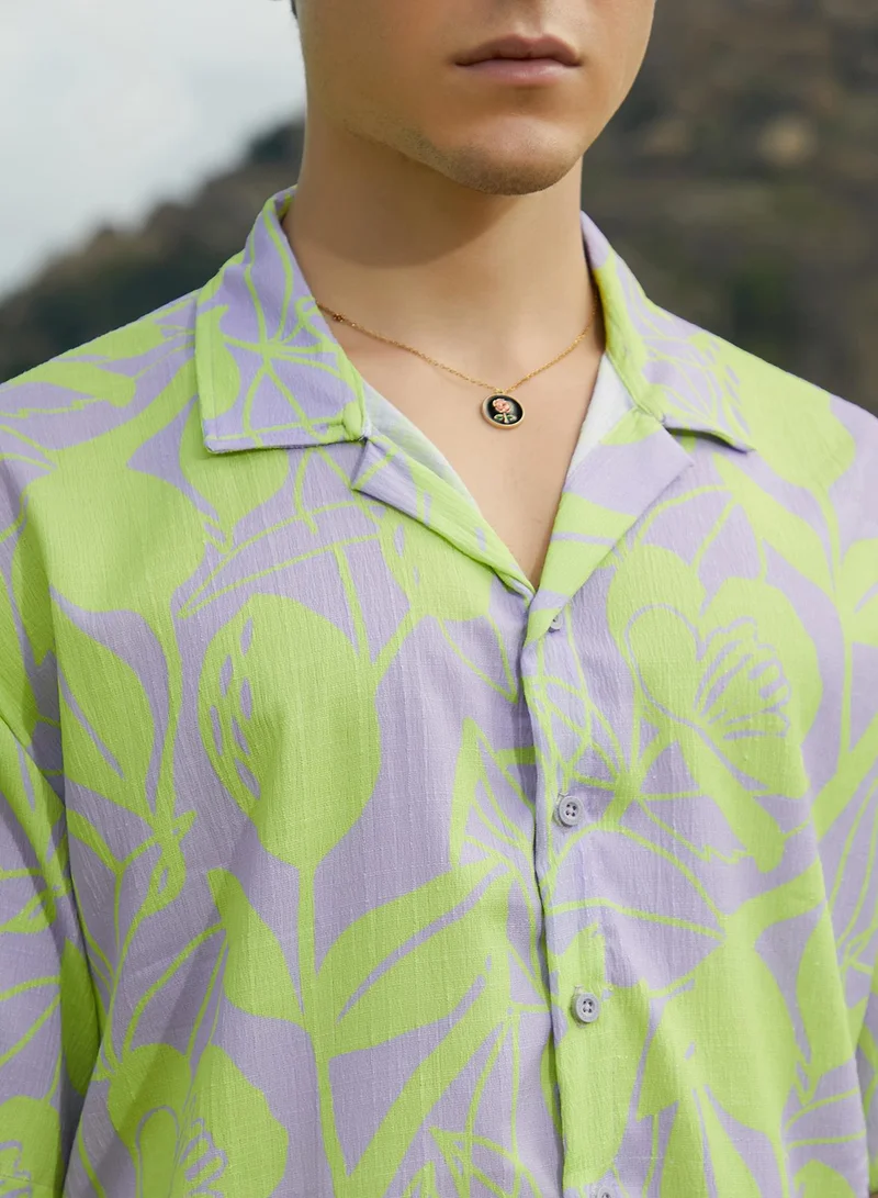 Campus Sutra Campus Sutra Men's Lavender & Neon Yellow Citrus Botanic Oversized Shirt For Casual Wear | Cuban Collar | Short Sleeves | Button Closure | Oversized Shirt Crafted With Comfort Fit For Everyday Wear