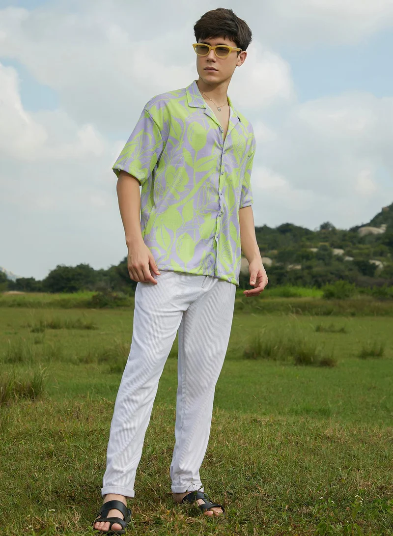 Campus Sutra Campus Sutra Men's Lavender & Neon Yellow Citrus Botanic Oversized Shirt For Casual Wear | Cuban Collar | Short Sleeves | Button Closure | Oversized Shirt Crafted With Comfort Fit For Everyday Wear