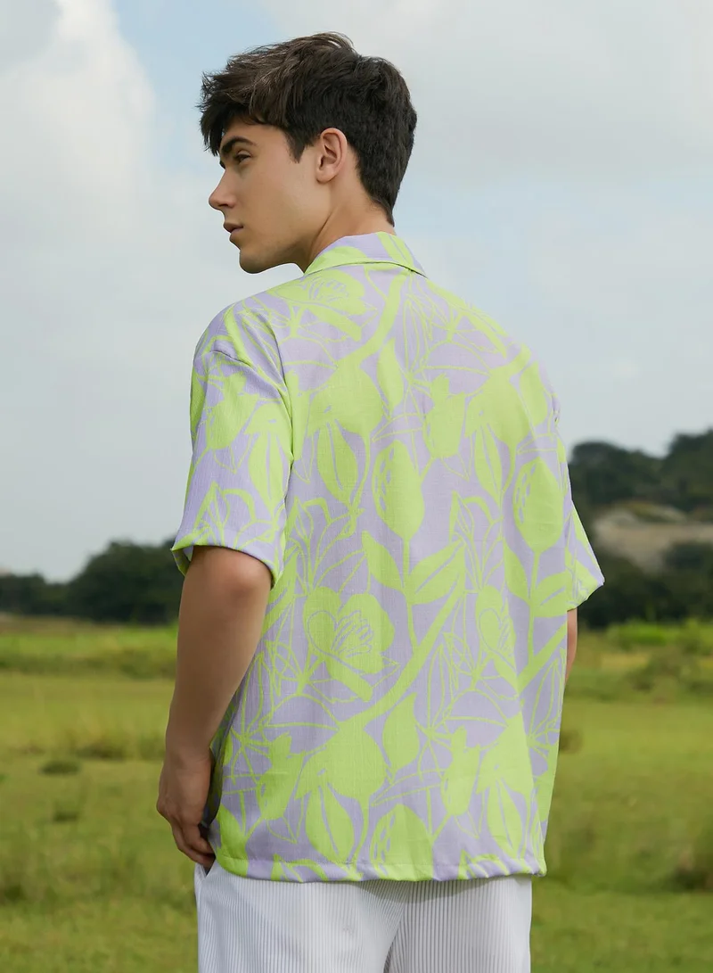 Campus Sutra Campus Sutra Men's Lavender & Neon Yellow Citrus Botanic Oversized Shirt For Casual Wear | Cuban Collar | Short Sleeves | Button Closure | Oversized Shirt Crafted With Comfort Fit For Everyday Wear