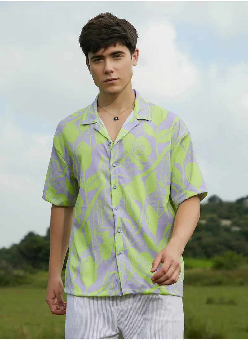 Campus Sutra Men's Lavender & Neon Yellow Citrus Botanic Oversized Shirt