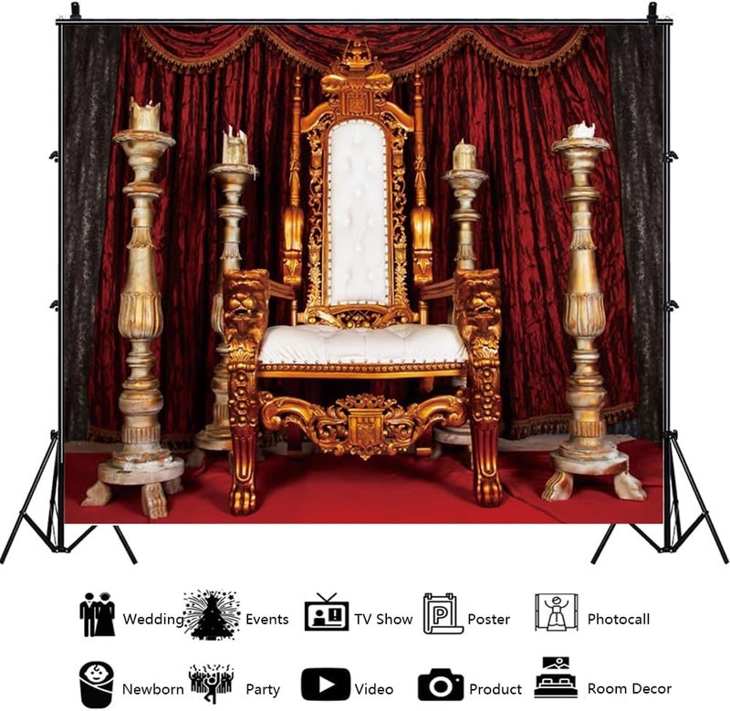 YongFoto YongFoto Gold Royal King Throne Chair Backdrop 7x5ft European Retro Classic Red Carpet Curtain Photography Background Birthday Bridal Shower Wedding Baby Shower Party Banner Portraits Photoshoot  - Image 3
