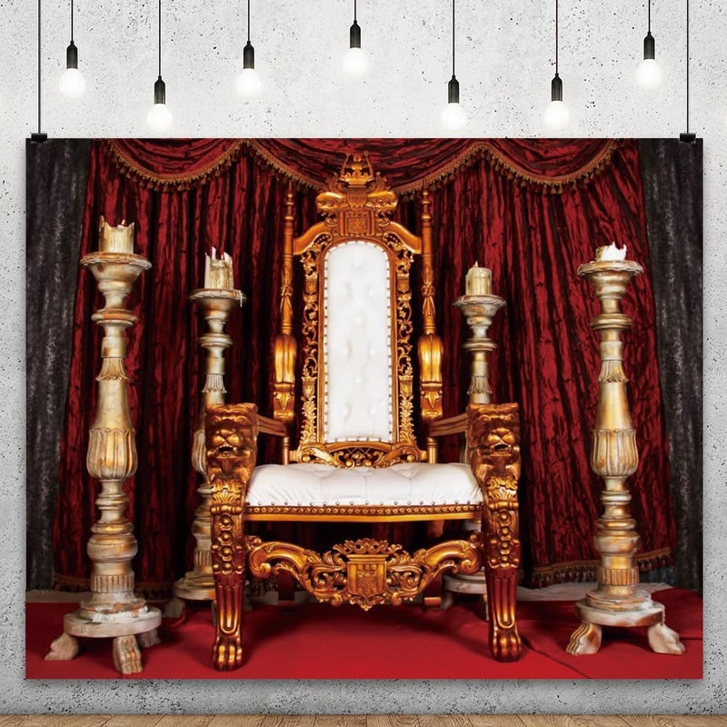YongFoto YongFoto Gold Royal King Throne Chair Backdrop 7x5ft European Retro Classic Red Carpet Curtain Photography Background Birthday Bridal Shower Wedding Baby Shower Party Banner Portraits Photoshoot  - Image 2