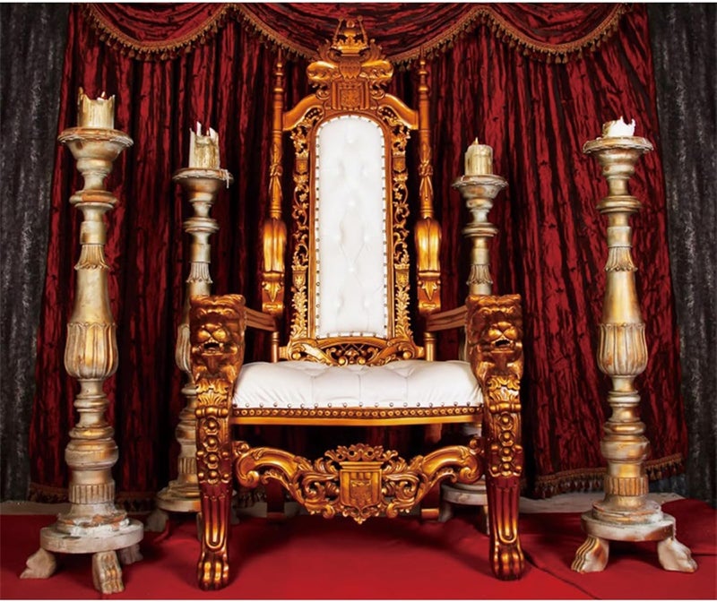 YongFoto YongFoto Gold Royal King Throne Chair Backdrop 7x5ft European Retro Classic Red Carpet Curtain Photography Background Birthday Bridal Shower Wedding Baby Shower Party Banner Portraits Photoshoot  - Image 1