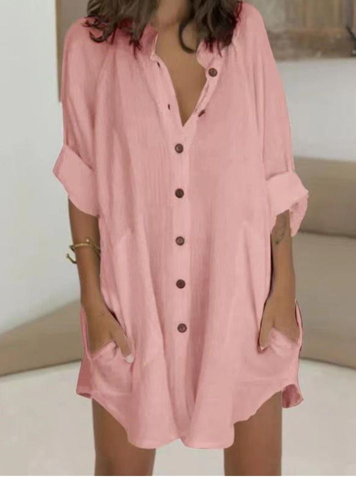 Loquat Casual Loose Single Breasted Shirt Dress Pink