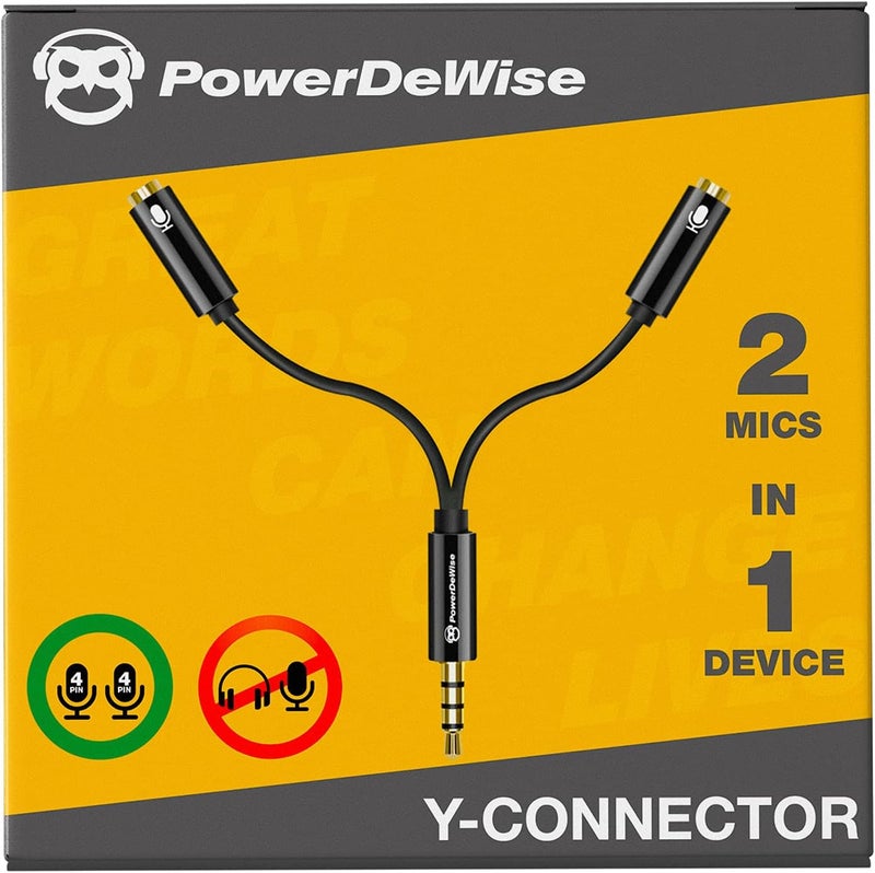 باور دي وايز كابل تقسيم PowerDeWise Y للميكروفون والميكروفون - مقسم TRRS للميكروفون - مقسم ميكروفونين - مقسم Y - موصل Y - كابل تقسيم الإشارات الصوتية للميكروفون اللاسلكي - Image 1