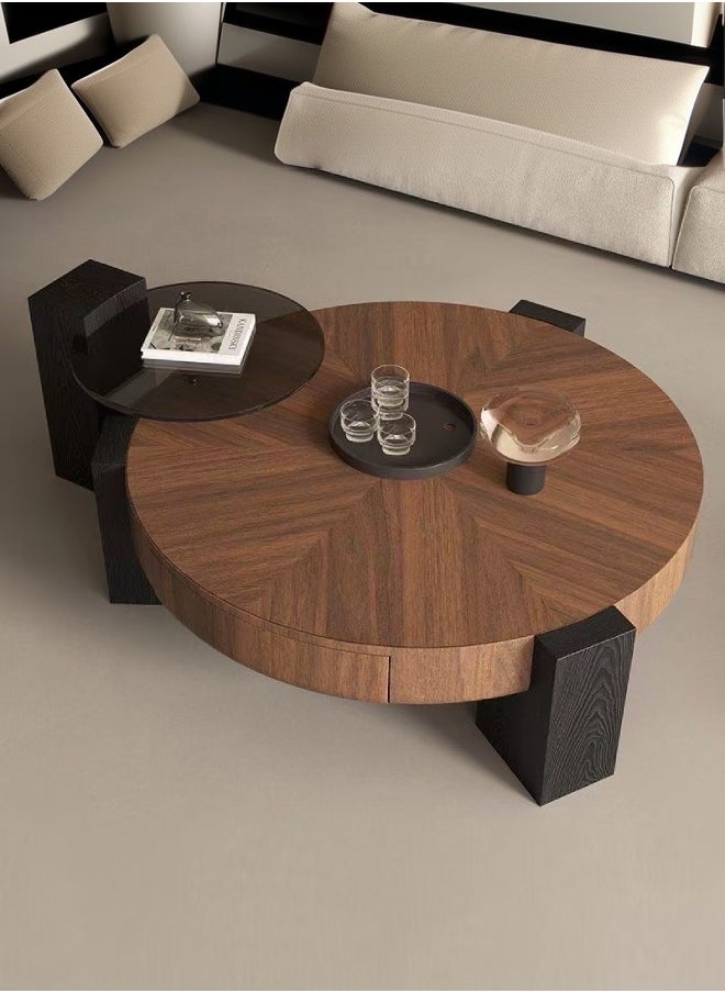 C&C Home Set of 2 Multifunction Modern Luxury Style Coffee Table Set Creative Wooden Design Wood & Glass Top Side Table Round End Table Center Table for Living Room Home Office 80x33 and 50x46 cm  - Image 1