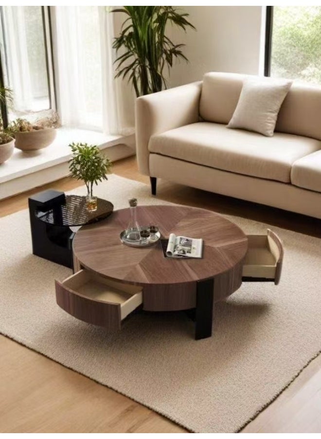 C&C Home Set of 2 Multifunction Modern Luxury Style Coffee Table Set Creative Wooden Design Wood & Glass Top Side Table Round End Table Center Table for Living Room Home Office 80x33 and 50x46 cm  - Image 3