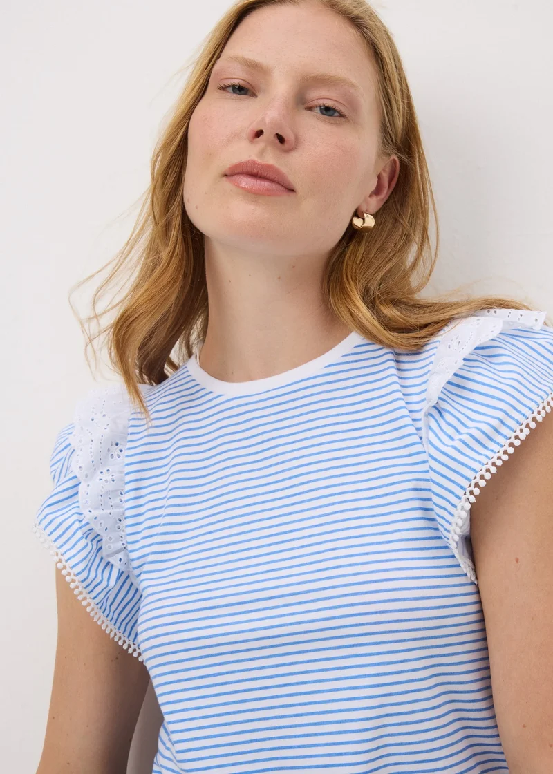 Matalan Blue Stripe Broderie Frill Sleeve T-Shirt
