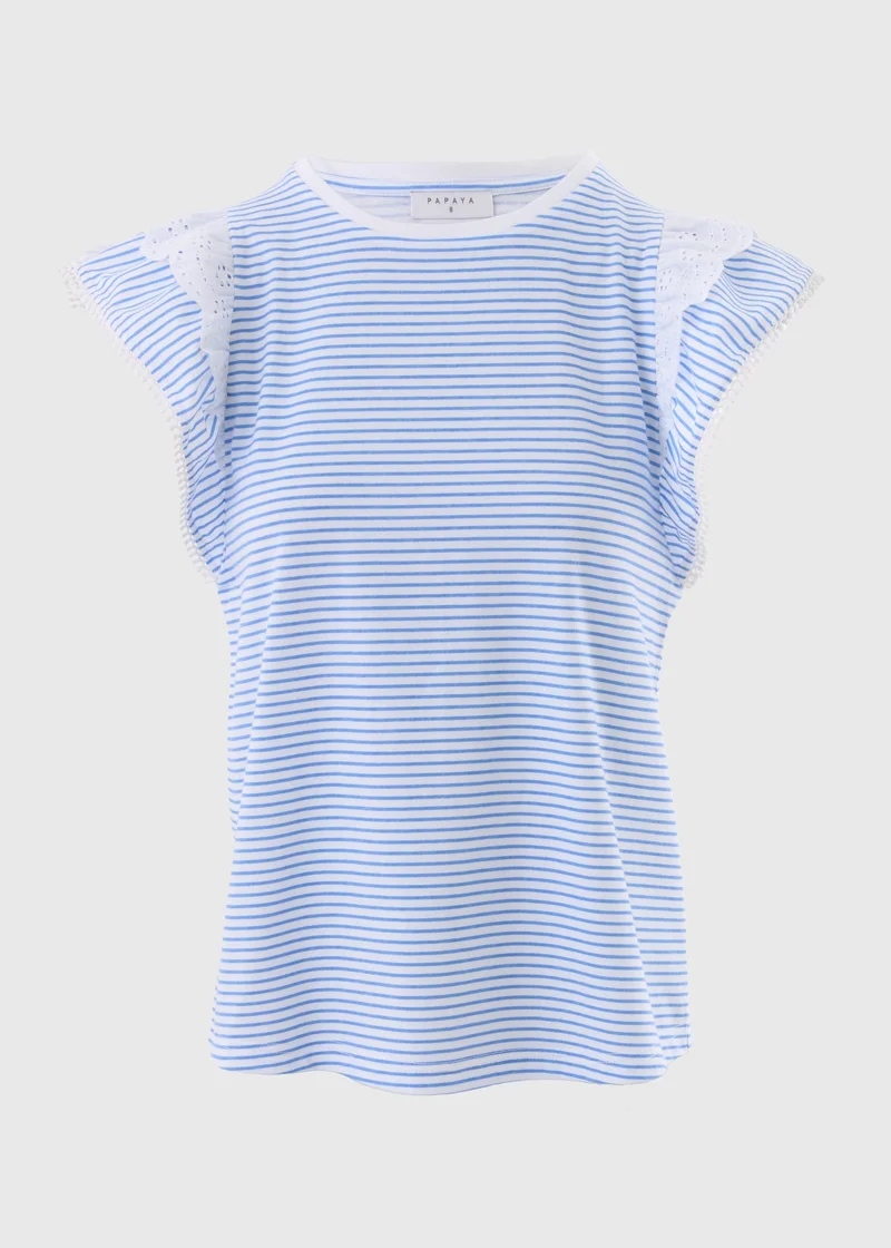 Matalan Blue Stripe Broderie Frill Sleeve T-Shirt