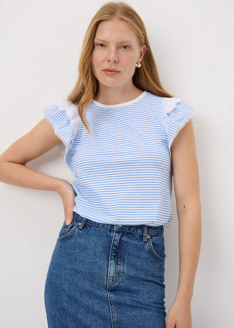 Matalan Blue Stripe Broderie Frill Sleeve T-Shirt