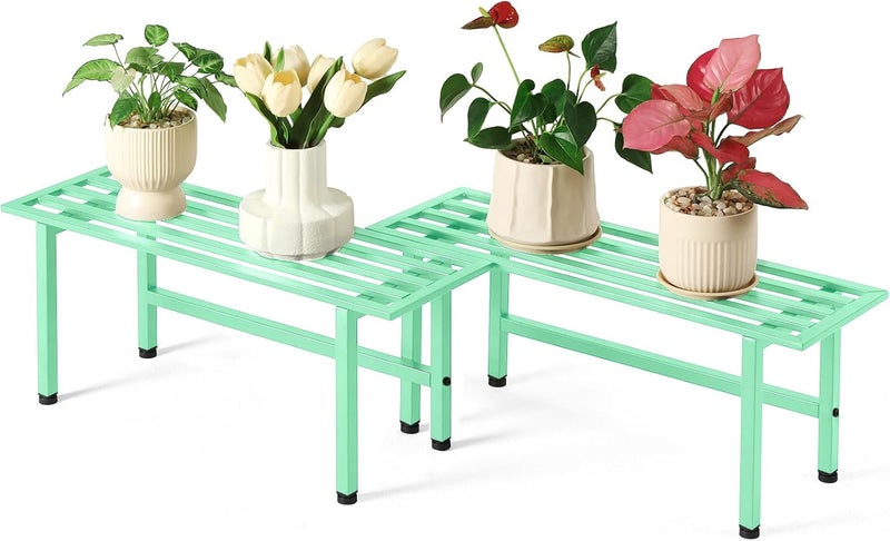 Dipion 2 Pack Metal Plant Stand Outdoor Plant Shelf Indoor,1 Tier Heavy Duty Plant Stands for Multiple Plants,26" L x 10.12" H x 8.75" W,Mint Green - Image 1