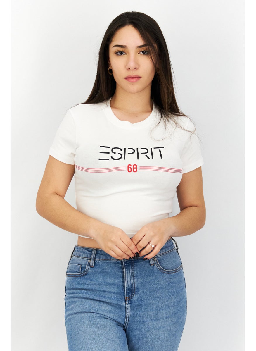 ESPRIT - Women Crew Neck Short Sleeve Brand Logo Crop Top, White - Image 1