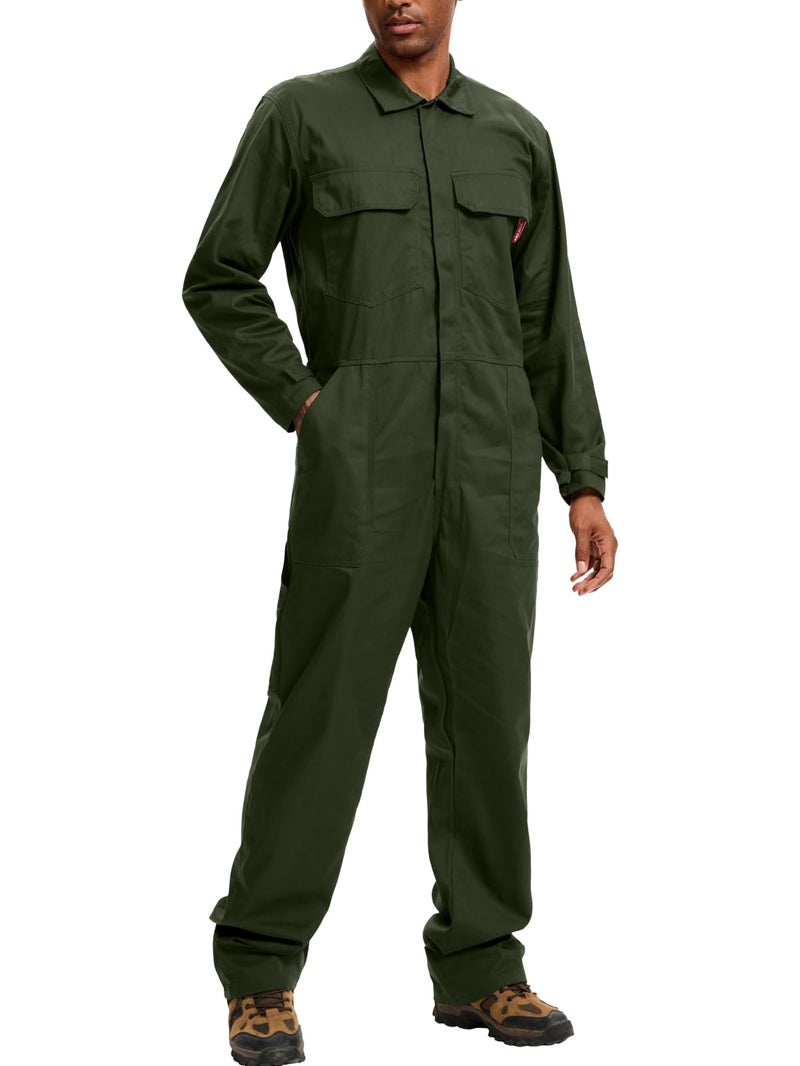 WORK IDEA Men's Coveralls Long Sleeve 100% Cotton Twill Workwear Jumpsuit Relaxed Fit, Army Green, L - Image 1