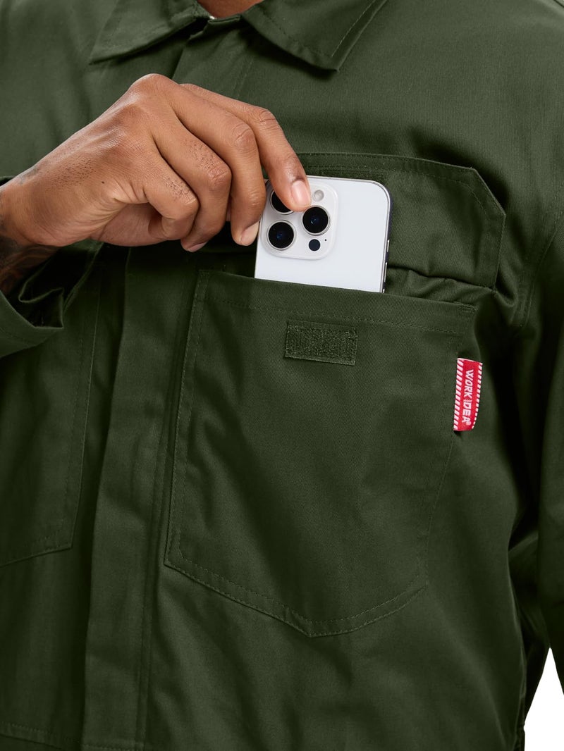 WORK IDEA Men's Coveralls Long Sleeve 100% Cotton Twill Workwear Jumpsuit Relaxed Fit, Army Green, L - Image 4