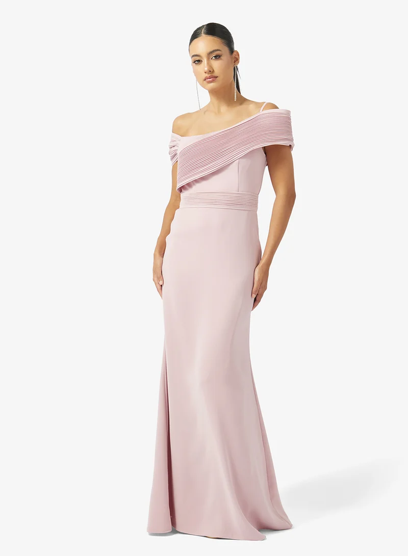 Iyra Softly Pleated Neckline Off Shoulder Maxi Dress