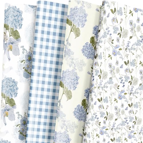 LeZakaa Floral Wrapping Paper, Blue Hydrangea Flowers & Gingham Check, 4 Different Design for Wedding, Bridal Shower, Mother's Day, Birthday, 12 Folded Sheets, 27.5 x 19.6 inches Per Sheet - Image 1