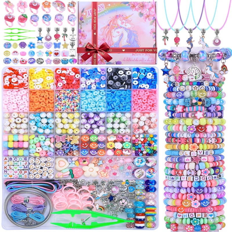 AIPRIDY 3200 Pcs Unicorn Jewelry Activity KitClay Beads Bracelet Making KitFlat College Style Beading for Friendship Jewelry MakingCrystal Time Gem Ring GiftsDIY Crafts for Teen GirlsPink