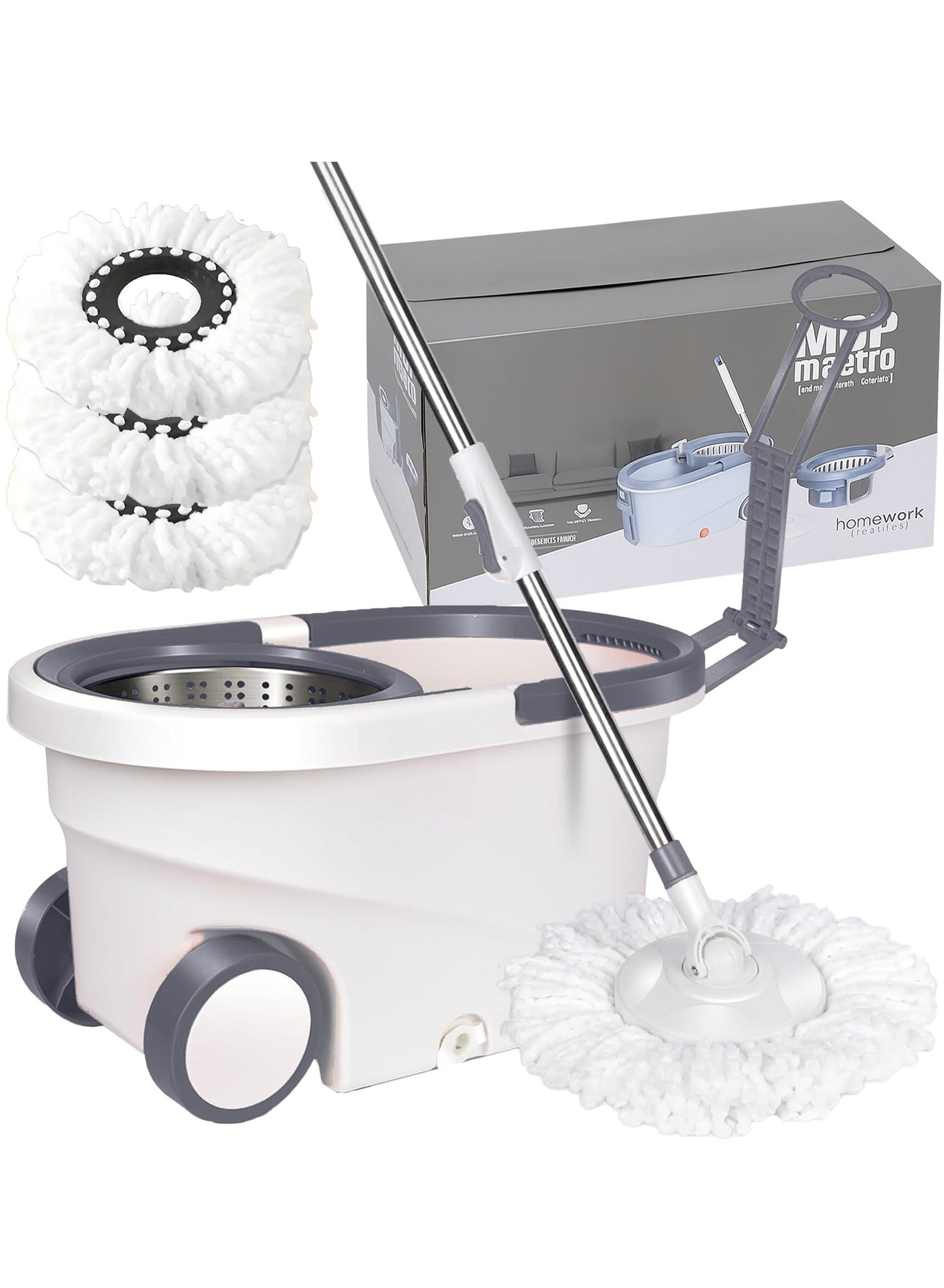 360 Spin Mop and Bucket Set with Wheels, Easy Wring System, Microfiber Mop Head, Telescopic Handle, Spray Bottle, Floor Cleaning Mop for Home, Kitchen, Bathroom, Tile, Hardwood Floors – Self-Wringing, Hands-Free, Refillable Pads