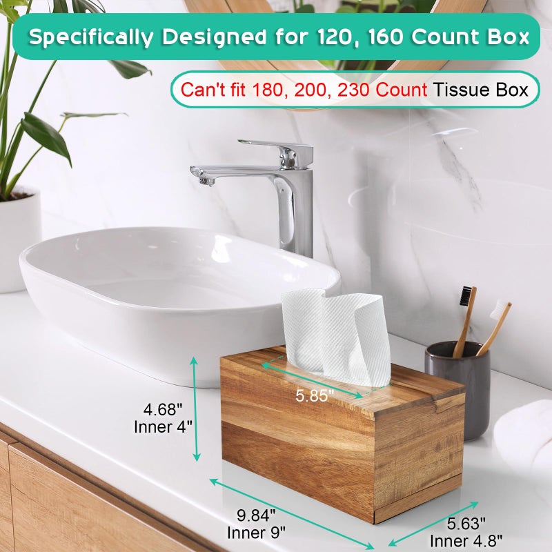 ALELION Rectangular Tissue Box Cover for 120, 160 Count Box - Acacia Wood Rectangle Tissue Box Holder - Decorative Facial Cube Tissue Box Cover for Tabletop Night Stands Bathroom Office - Image 2