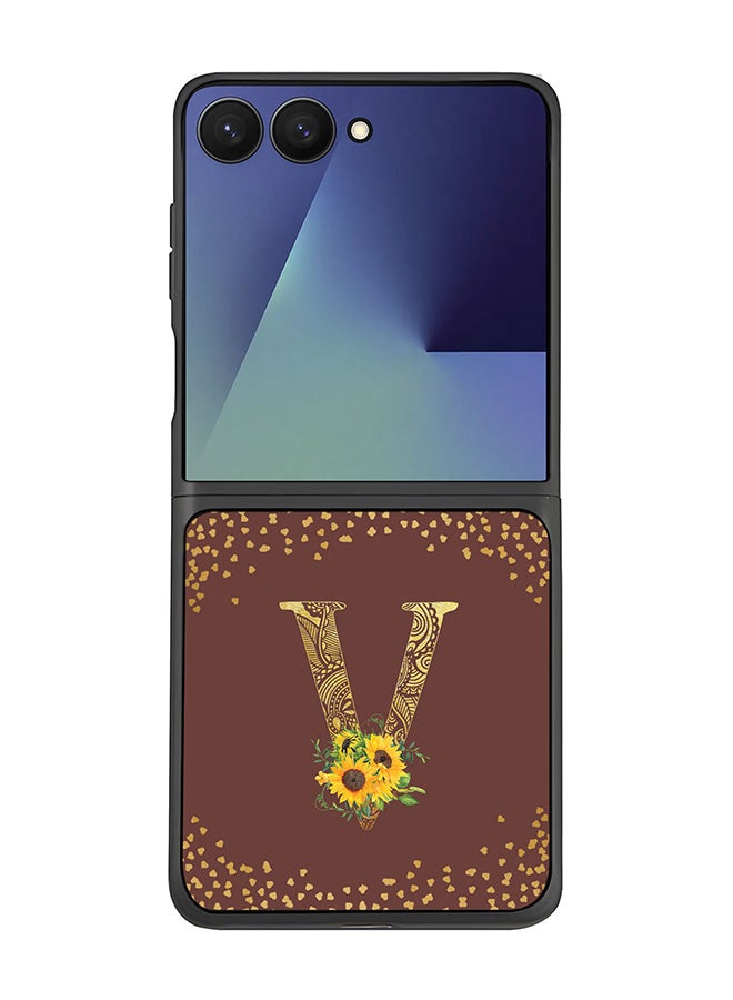 Stylizedd For Samsung Galaxy Z Flip7 Case,Slim fit Camera Protection, Shockproof Thin Phone cover  - Custom Floral Monogram - V  (Brown )