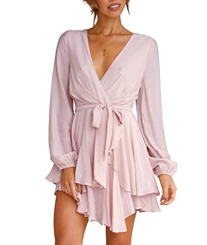 Cosonsen Womens Cocktail Dresses Deep V-Neck Long Sleeve Ruffle Hem Wrap Dress Pink XL - Image 5