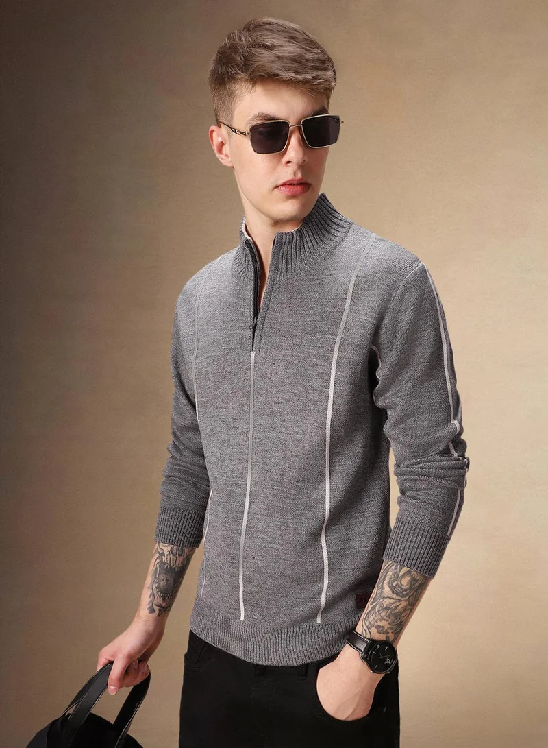 Dennis Lingo Men's Grey Melange 100% Acrylic Striped Regular Fit Sweater