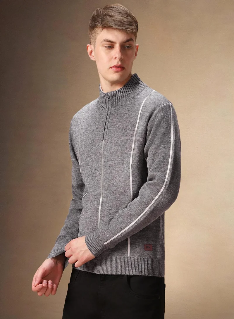 Dennis Lingo Men's Grey Melange 100% Acrylic Striped Regular Fit Sweater