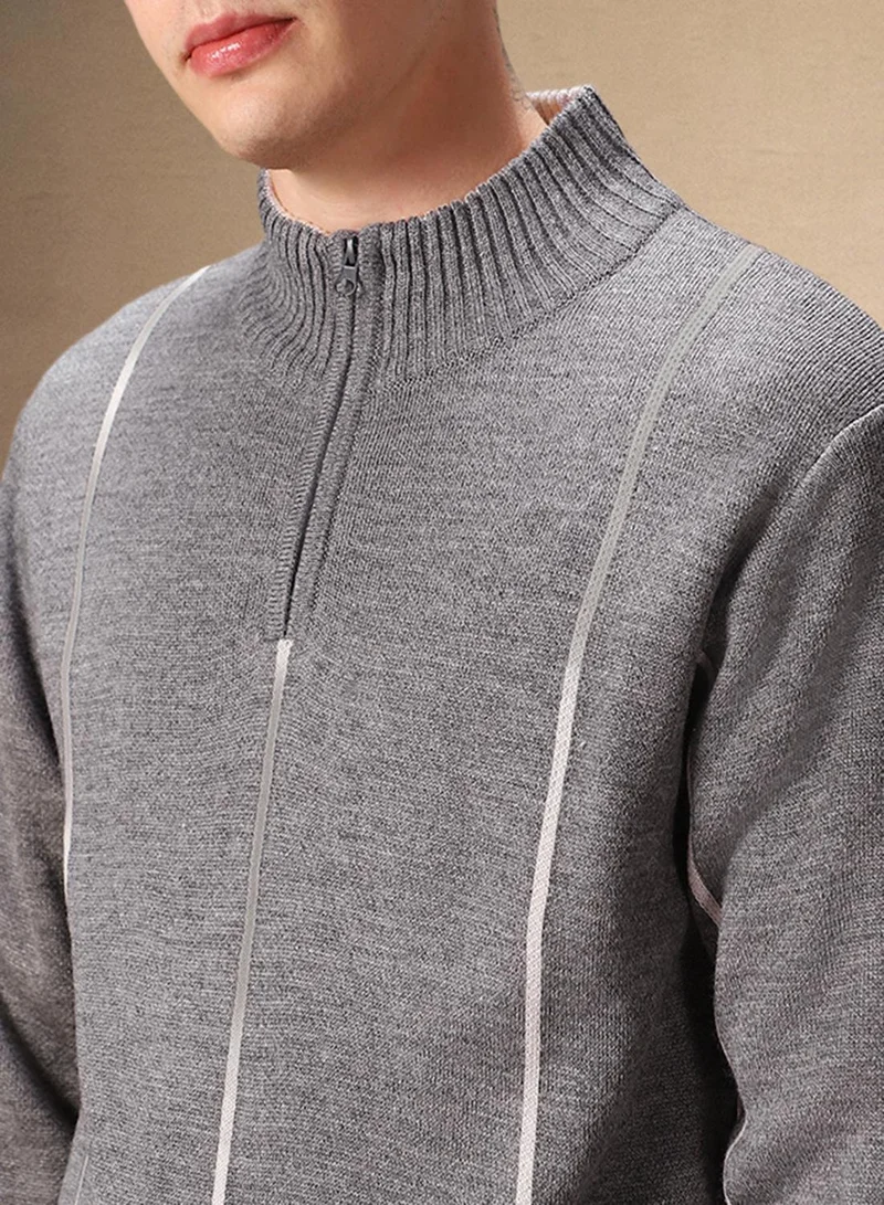Dennis Lingo Men's Grey Melange 100% Acrylic Striped Regular Fit Sweater