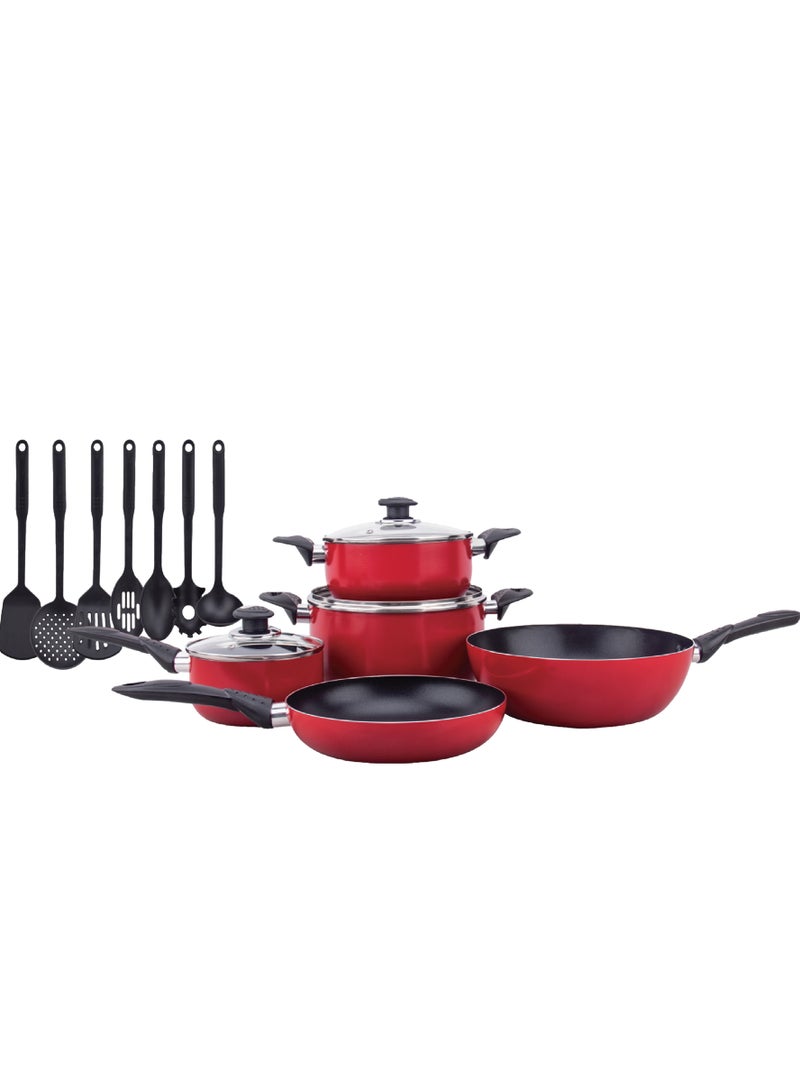 Cookline Pressed Aluminum Nonstick Cookware Set ,15 PCS, Red Shiny Exterior with Induction Bottom - Image 1