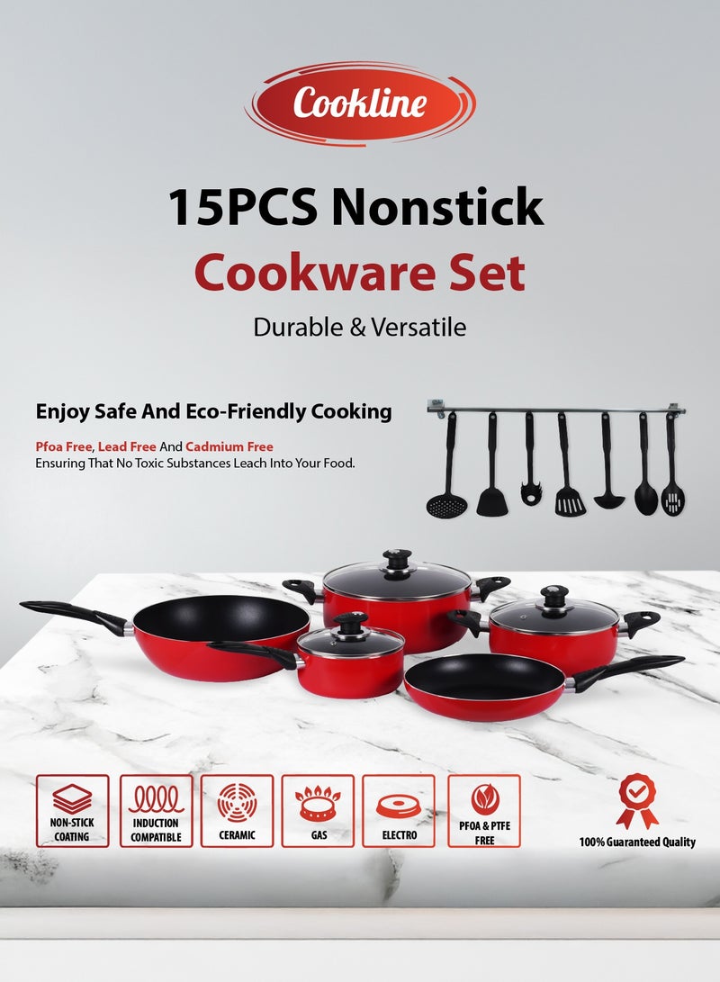 Cookline Pressed Aluminum Nonstick Cookware Set ,15 PCS, Red Shiny Exterior with Induction Bottom - Image 2